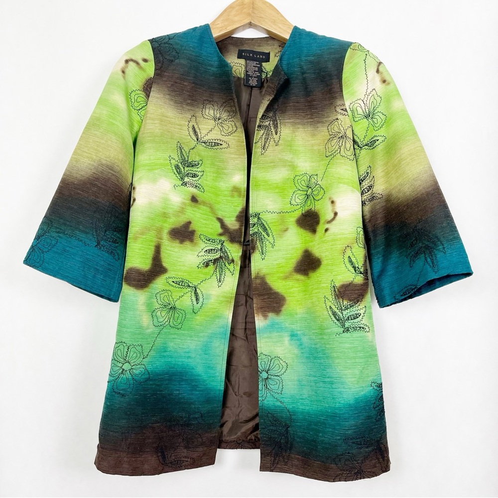 SilkLand Green and Blue Long Blazer Jacket with‎ Artistic Gradient Size Small
